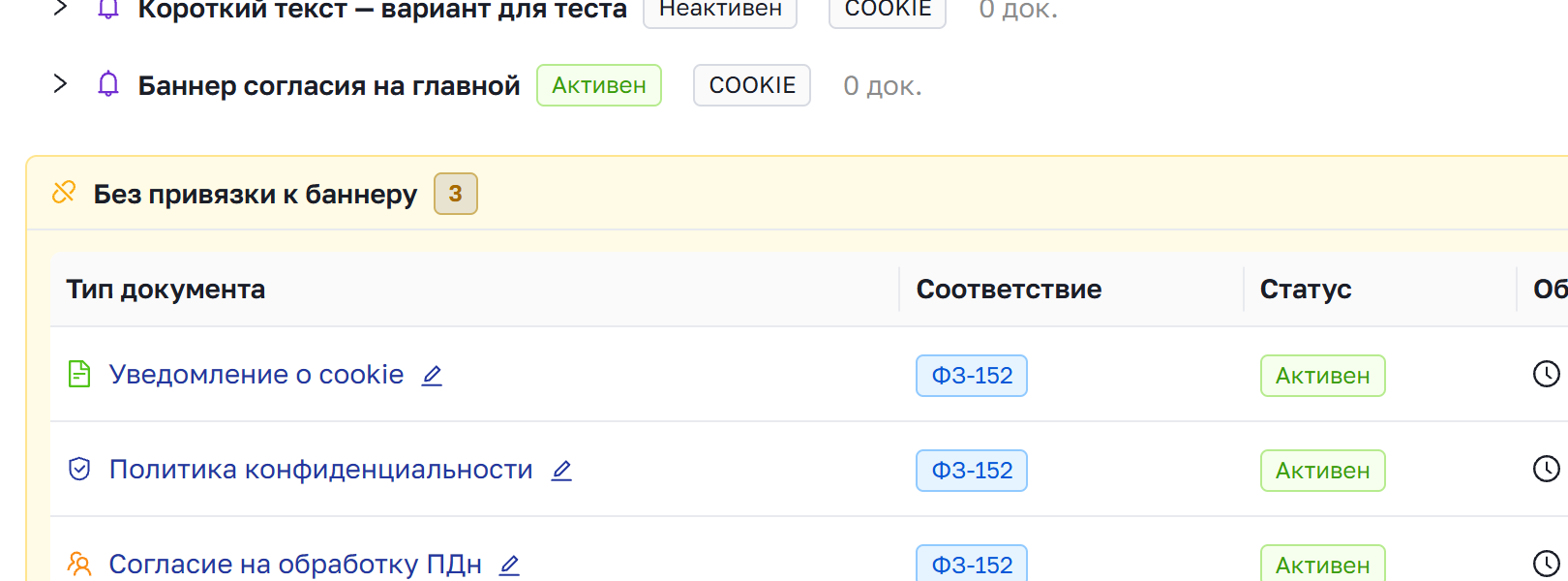 Список документов с отметкой о привязке к баннеру